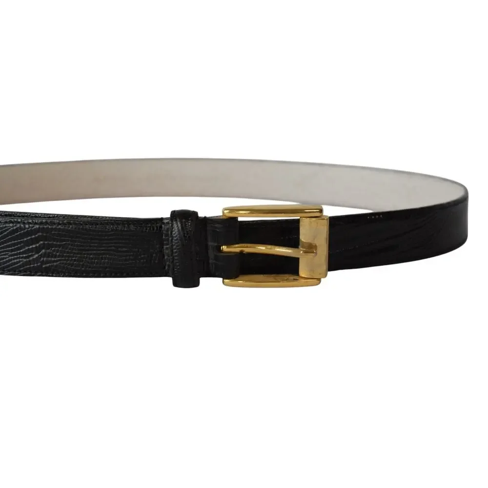 Italian Leather Black Lizard Embossed Belt Gold Buckle XL
